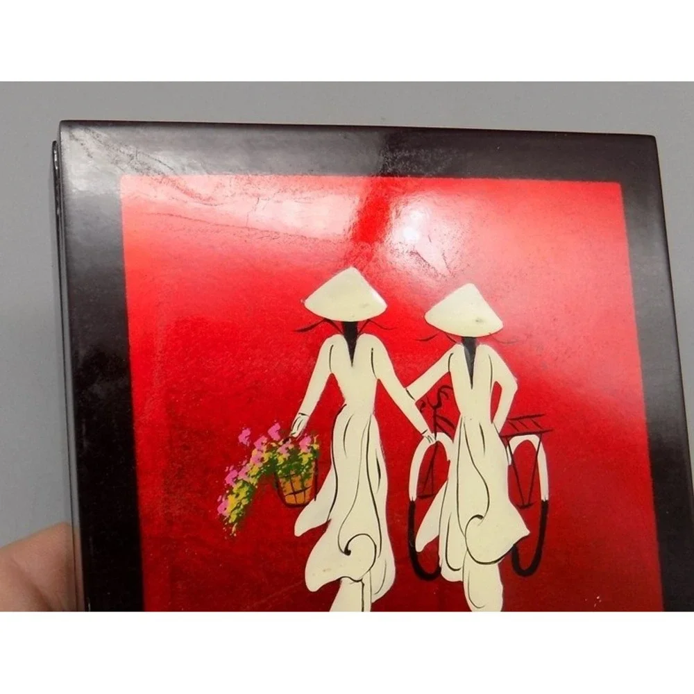 6 Vtg Vietnamese Lacquer Coasters w/ Box Hand-Painted Áo Dài Art HOI AN Unused